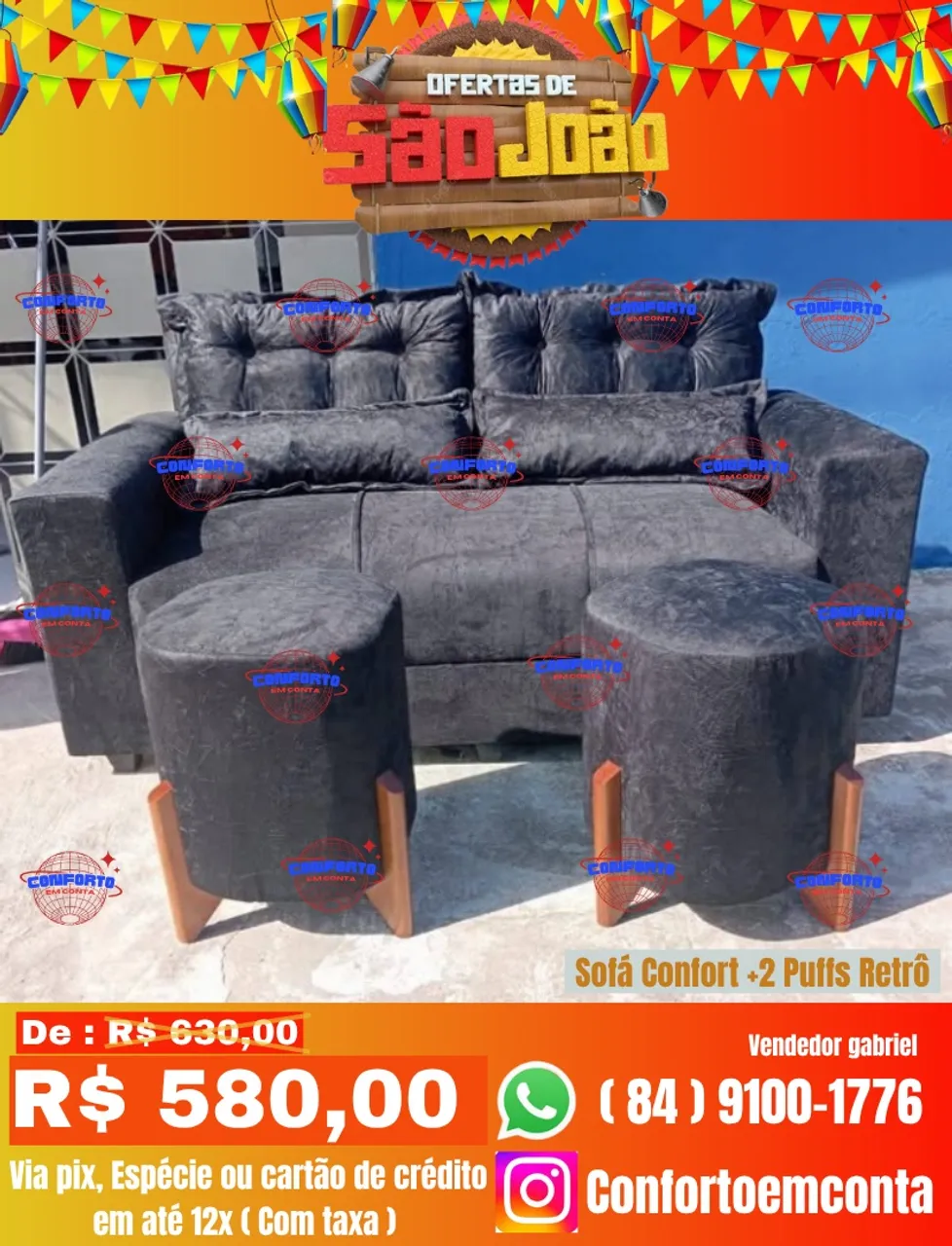 Sofá Confort + 2 Puffs Retrô - Promoção São João