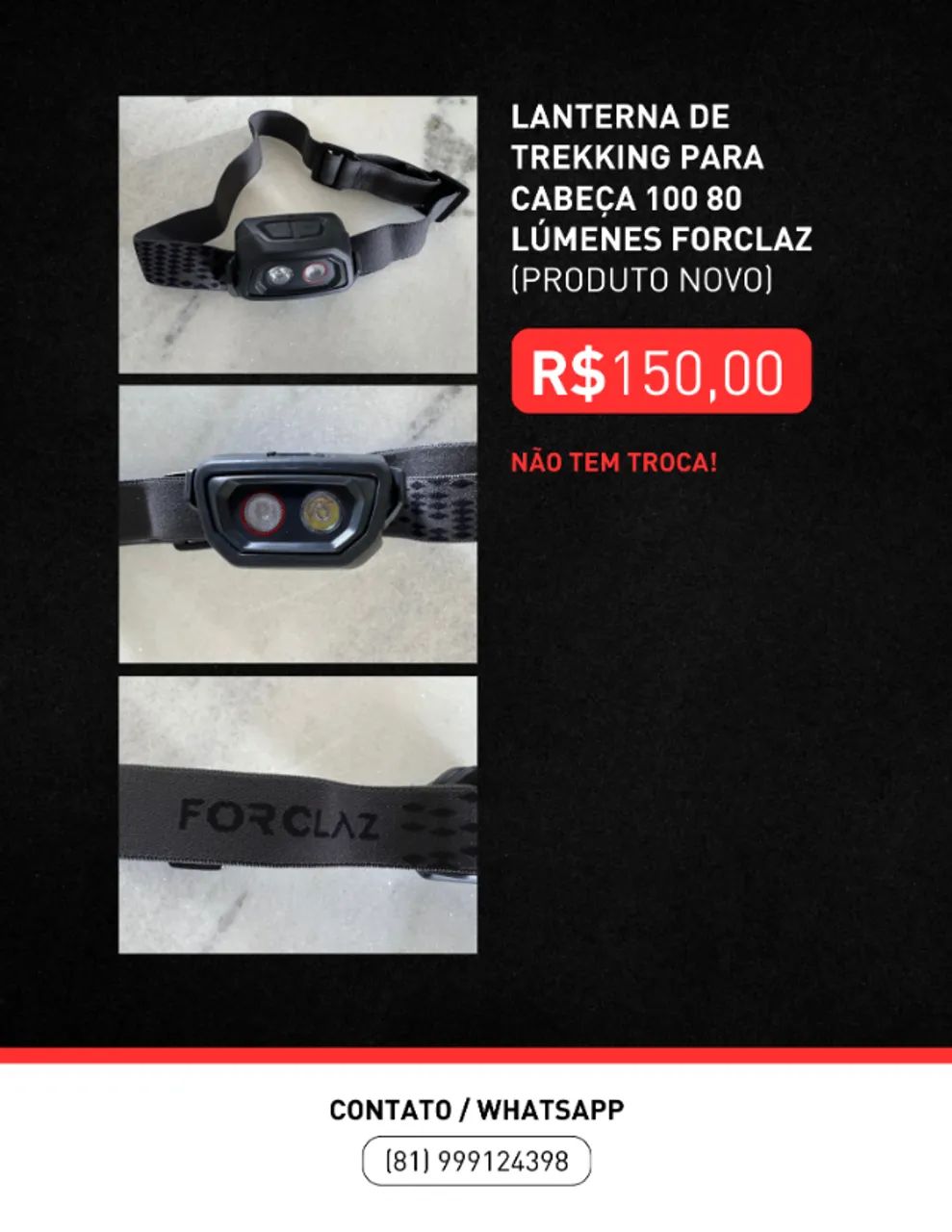 LANTERNA DE TREKKING PARA CABEÇA 100 80 LÚMENES FORCLAZ