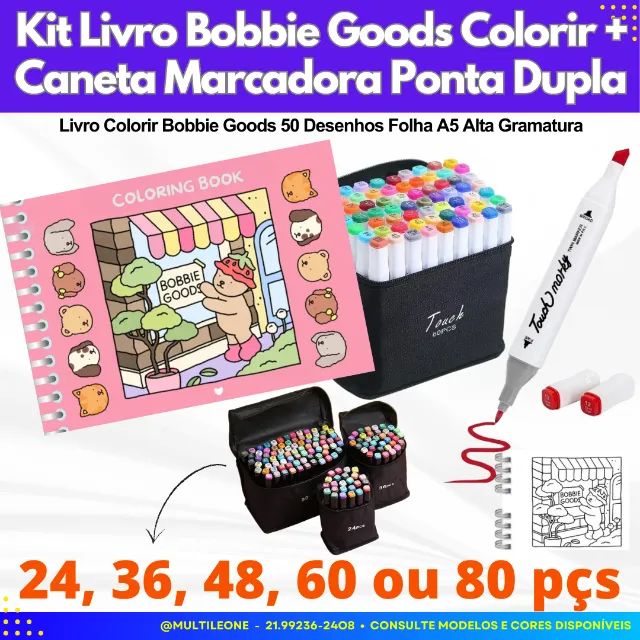Kit Livro de Colorir Bobbie Goods Caderno 50 Páginas + Estojo Canetinhas Ponta Dupla 24pçs