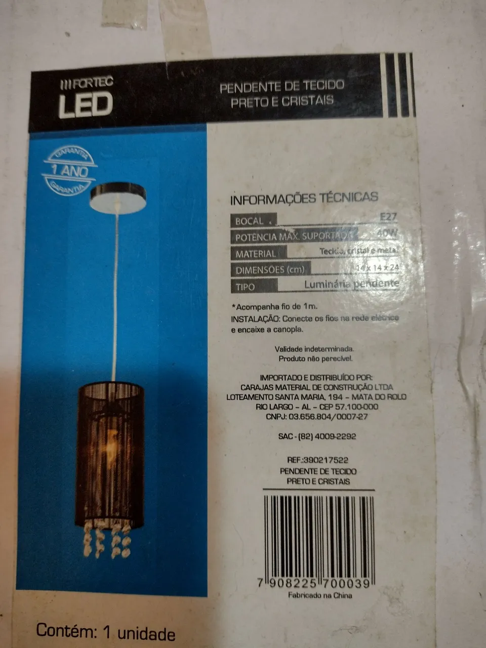 Pendente de Tecido Preto e Cristais LED