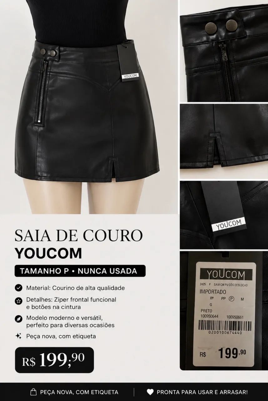 Saia de couro preta YOUCOM