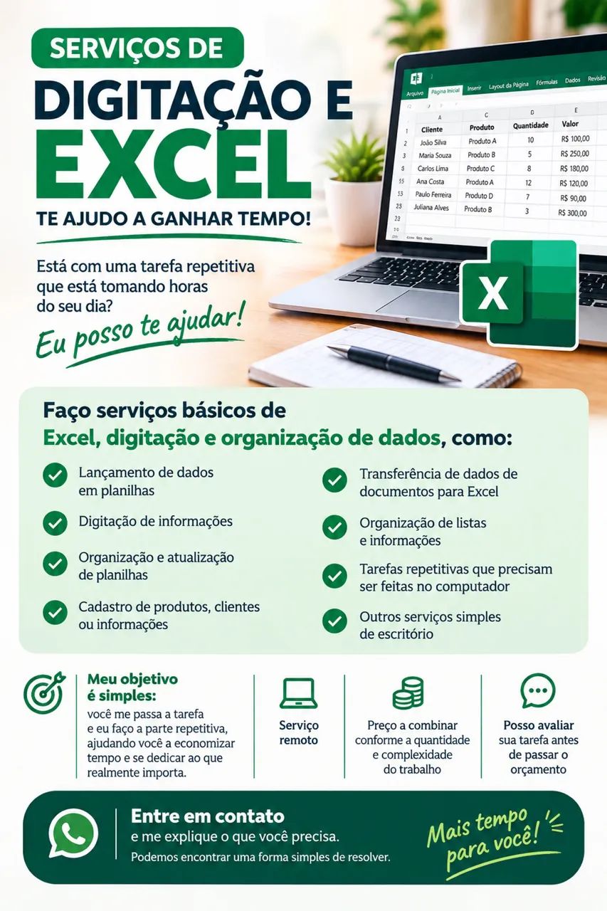 SERVIÇOS DE DIGITAÇÃO E EXCEL - TE AJUDO A GANHAR TEMPO!