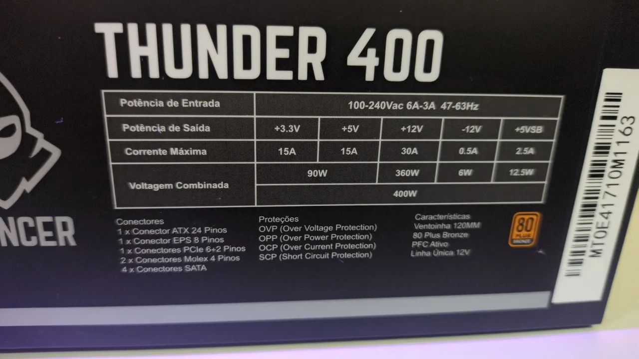 Fonte mancer thunder 400w PFC ativo plus 80 bronze 