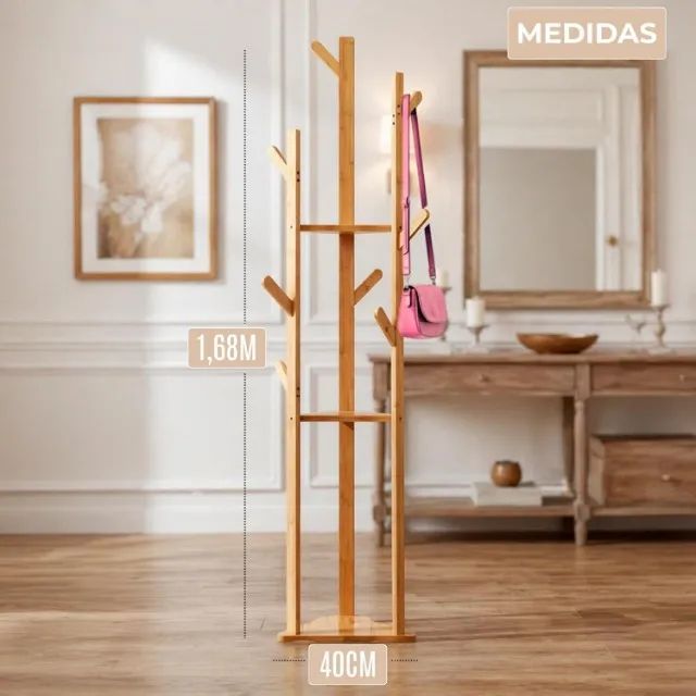 Cabideiro Mancebo de Chão em Bambu 168cm com Prateleiras - Foto 2
