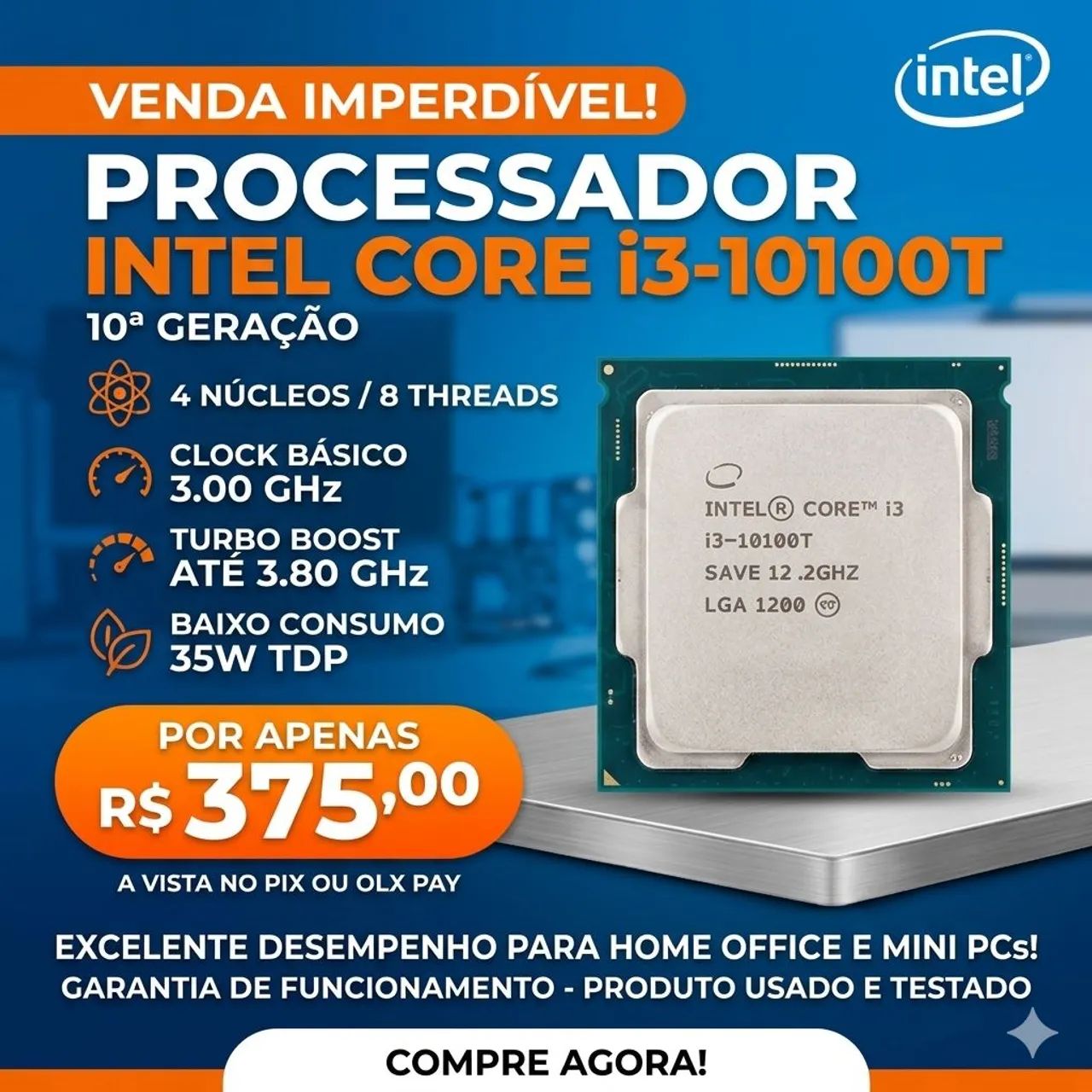Processador Intel i3-10100T (4 Cores / 8 Threads)<br><br>