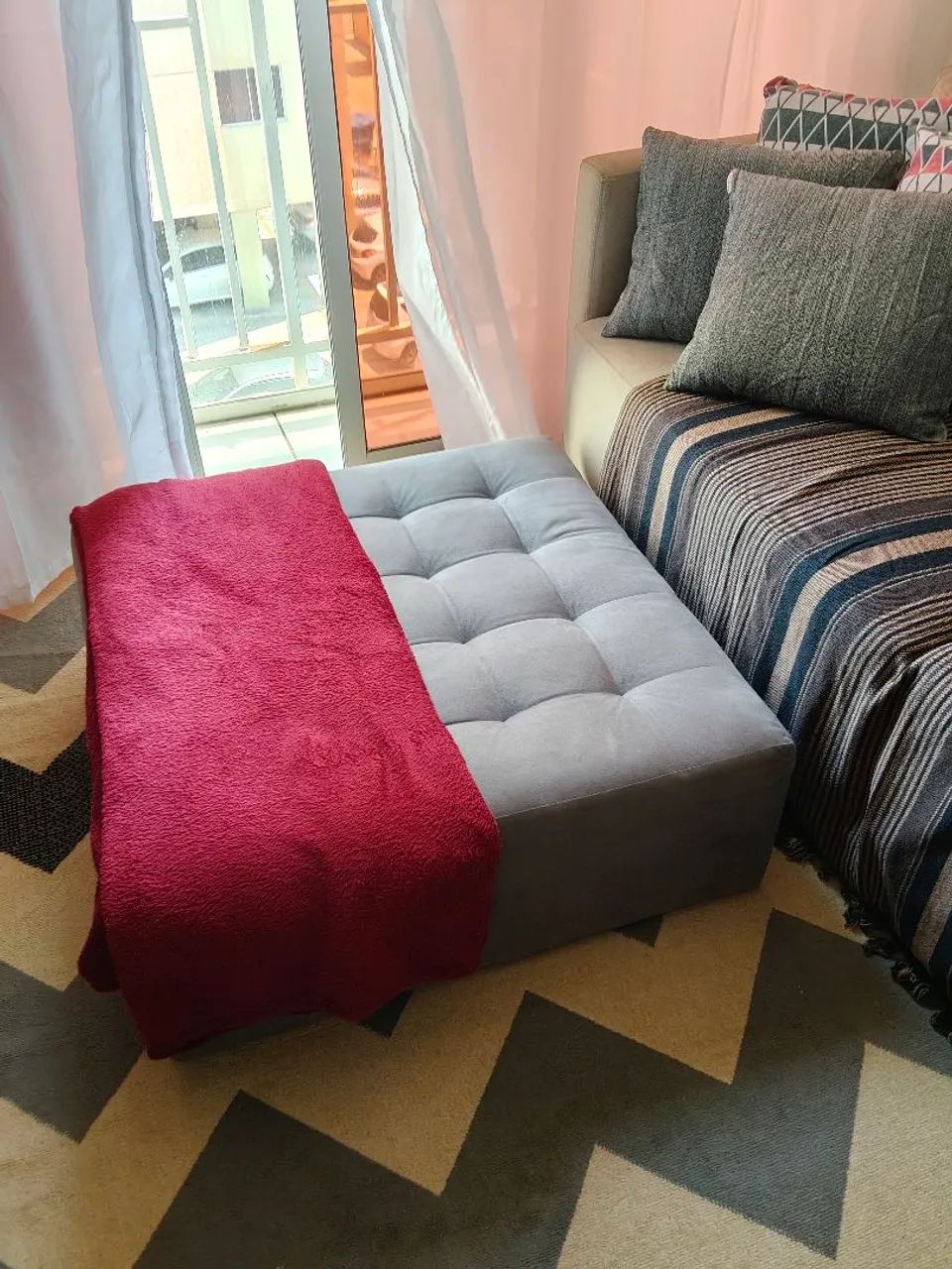  Puff Modular Grande em Suede Cinza - Excelente Estado