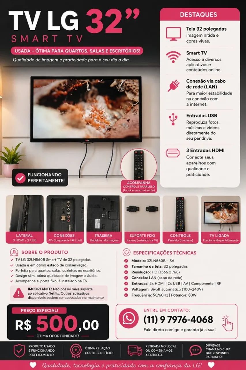 TV LG Smart 32" HD - Funcionando Perfeitamente - R$ 500 - Foto 4