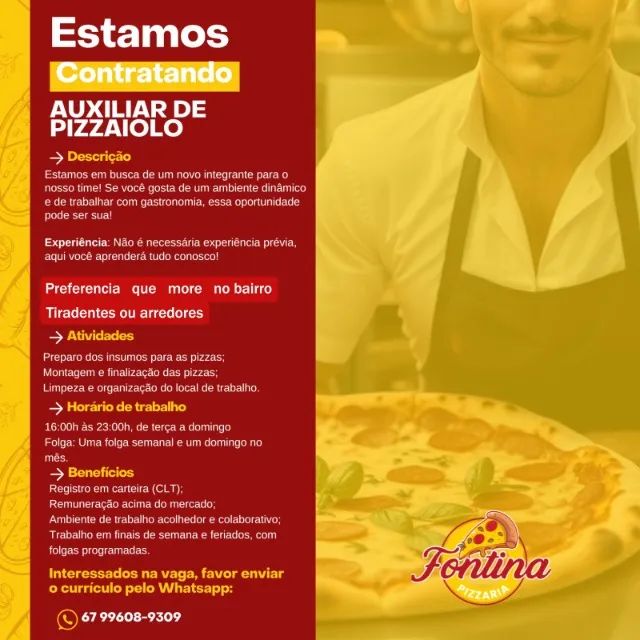 Auxiliar de Pizzaiolo sem experiência
