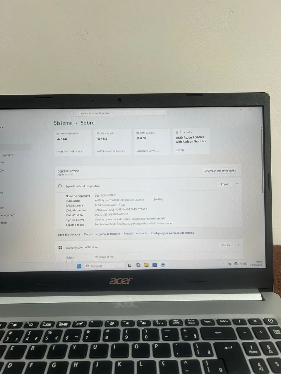 Notebook ACER aspire 5 - RYZEN 7 / 480GB SSD / 12GB RAM. - Foto 4