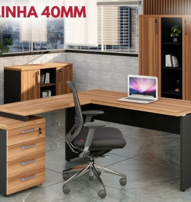MESA EM L TAMPOS 40MM ESPESSURA  1,85X1,50CM 4 GAVETOES LINDA *