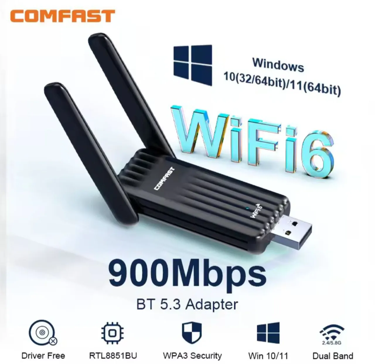 Adaptador USB WiFi 6 + Bluetooth 5.3 Comfast 900Mbps (Dual Band 2.4/5GHz)