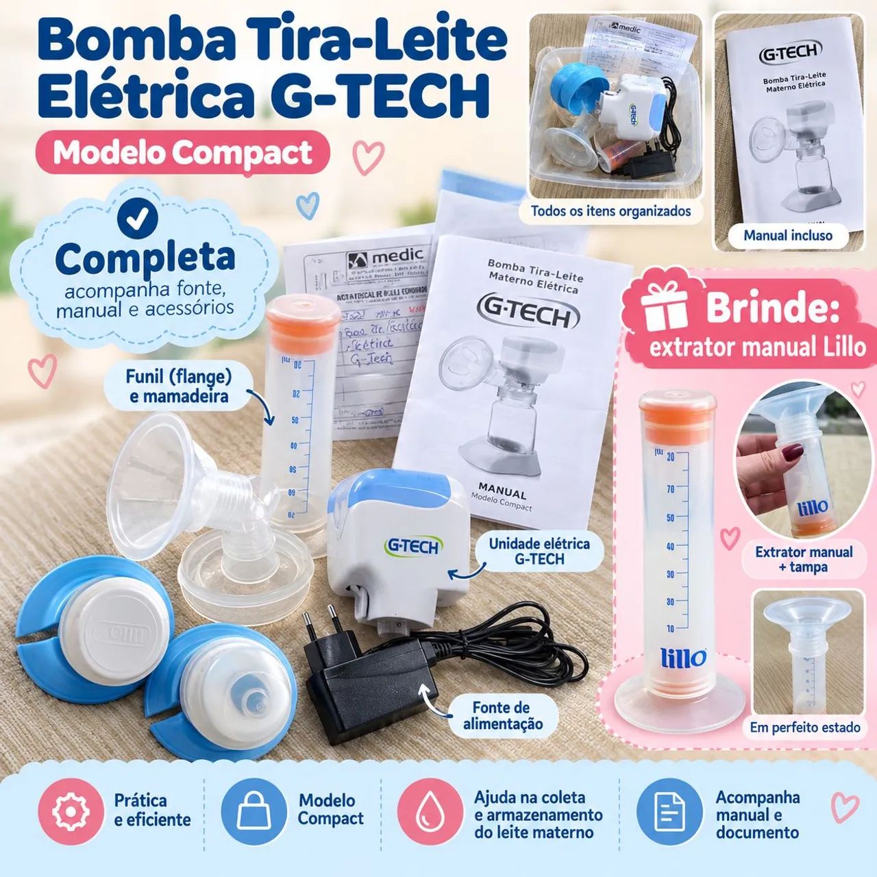 Bomba Tira-Leite Elétrica G-Tech Compact sem caixa com brinde