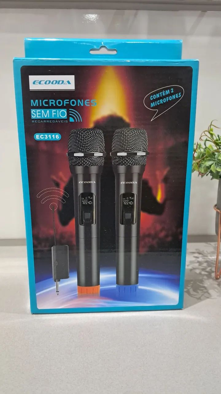 Microfones sem Fio Recarregáveis Ecooda EC3116 caixa com 2