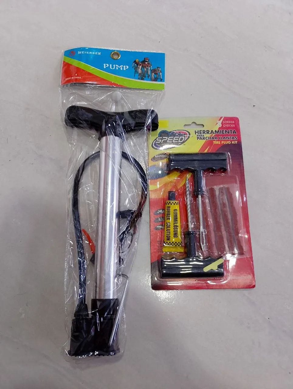 Bomba de ar + kit reparo para pneus 