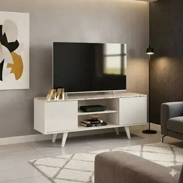 Rack Lisboa 1,36m com Portas de Correr - Calacata/Off White