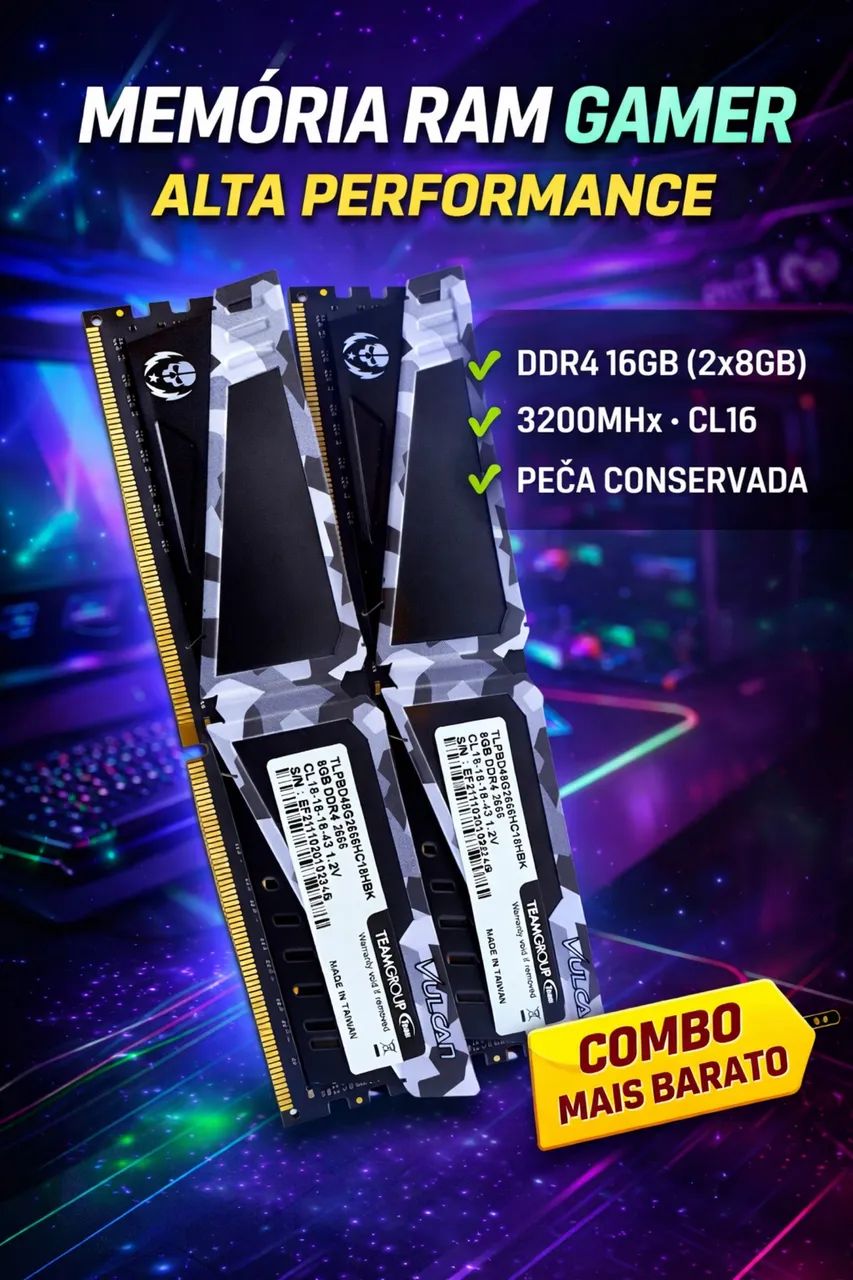 Memória RAM 16GB DDR4 2666MHz TeamGroup Vulcan (2x8GB)