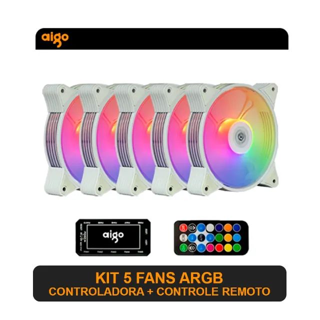 Kit Aigo AR12 Gamer 5 Fans ARGB Branco + Controladora + Controle Remoto