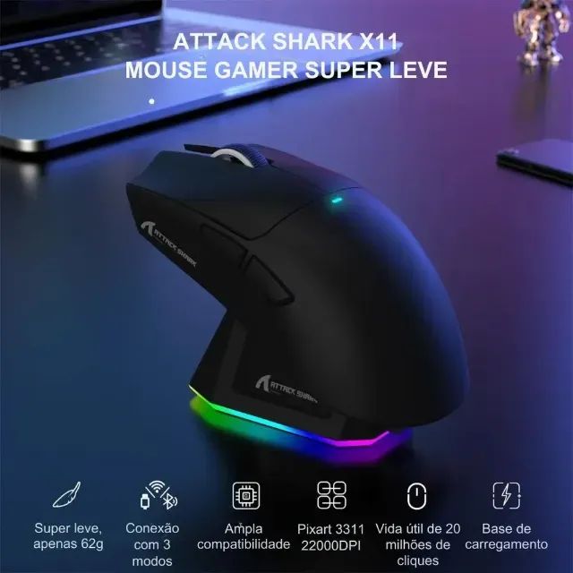 mouse atack shark x11 com dock de carregamento tenho preto e branco 