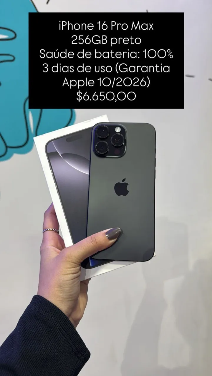iPhone 16 Pro Max / 256GB Preto / Saúde de Bateria: 92% / Original