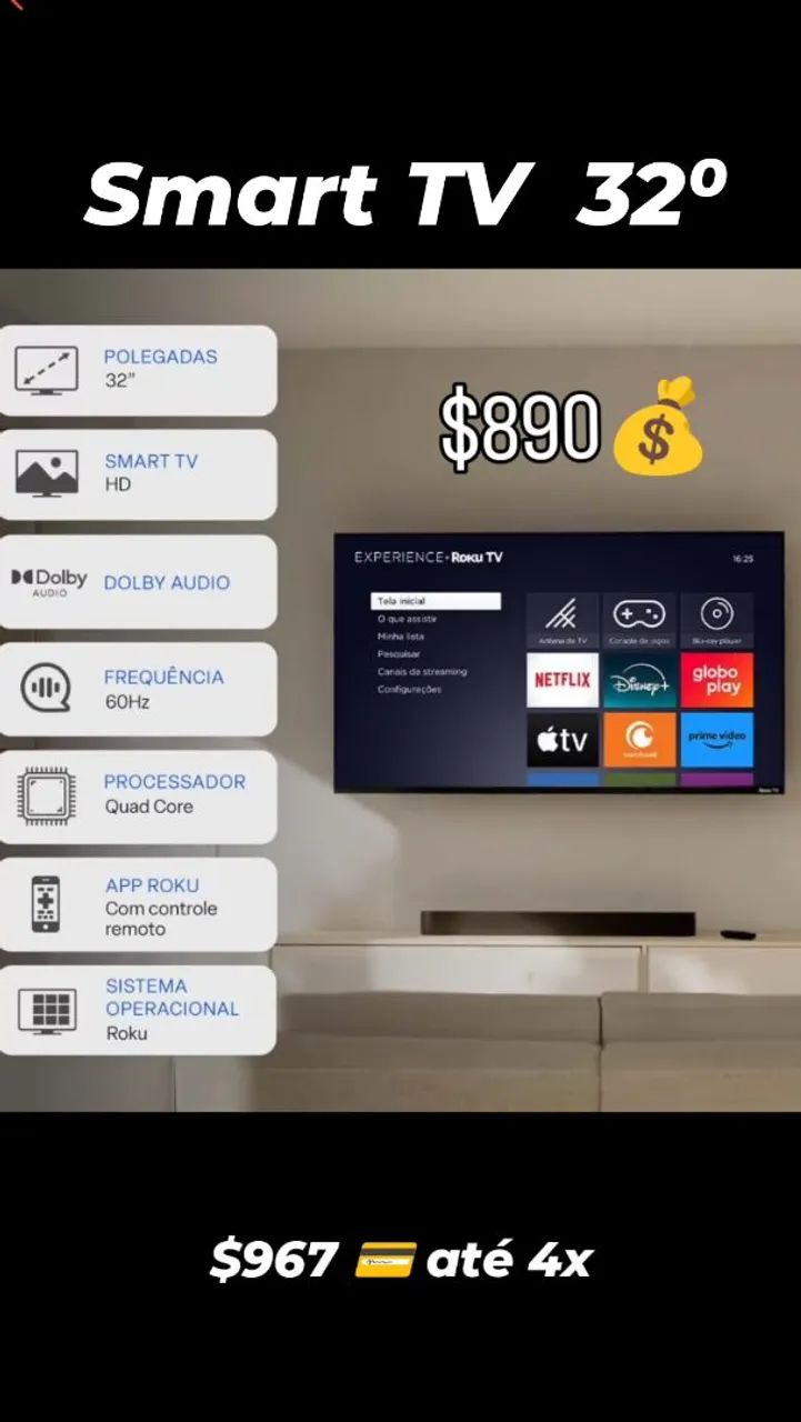 Smart TV 32' Roku com controle remoto - R$890