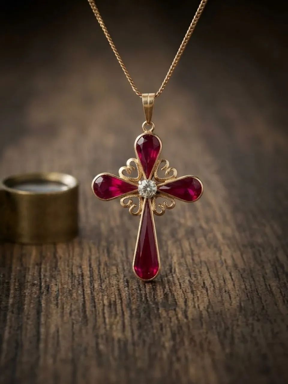 Pingente Crucifixo Antigo década de 50 ouro 18k com Rubi  
