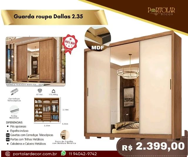 Guarda Roupa Dallas 2.35, a pronta entrega 