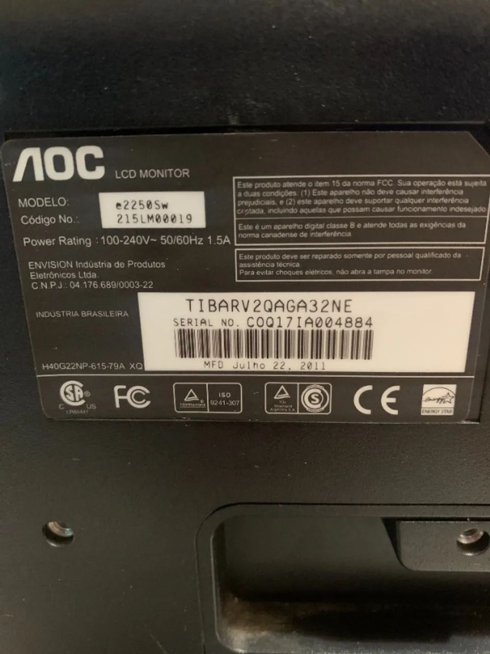 Monitor AOC 21.5" Full HD LED e2250Sw - Funcionando Perfeitamente - Foto 3