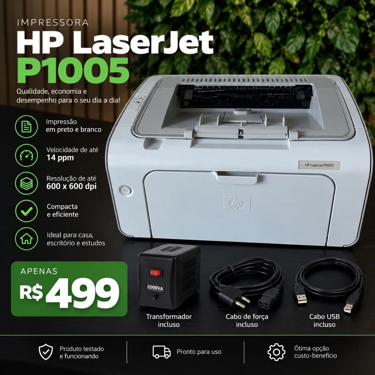 Impressora Laser HP P1005 | Preto e Branco | 14 PPM + Transformador