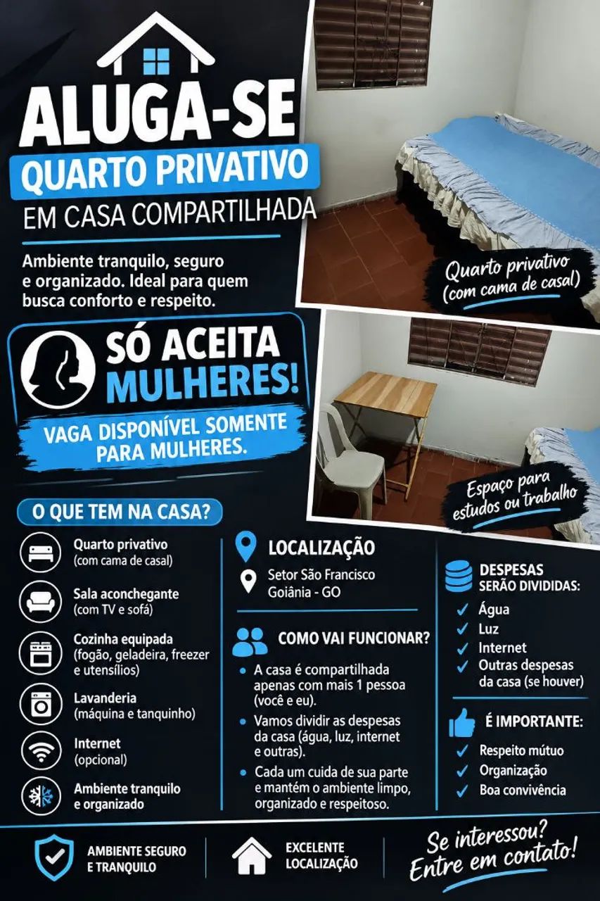 ALUGUEL DE QUARTO EM CASA COMPARTILHADA