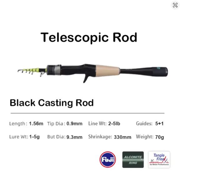 Vara de pesca Purelure telescópica UL 2 a 5lbs para carretilha com cabo monocoque - Nova