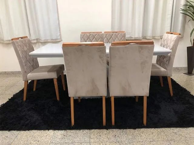 Mesa de Jantar com Tampo de Vidro Branco e 8 Cadeiras na cor Bege - Foto 2