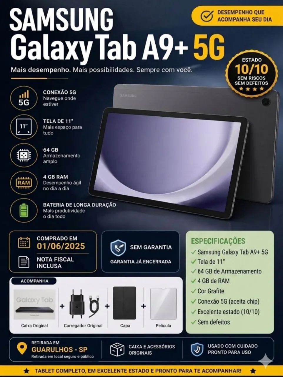 Tablet Samsung Galaxy Tab A9+ 5G - Com Capa, Película e Nota Fiscal