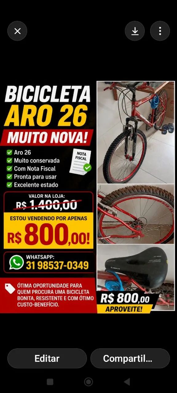 Bicicleta aro 26 de marcha com nota fiscal