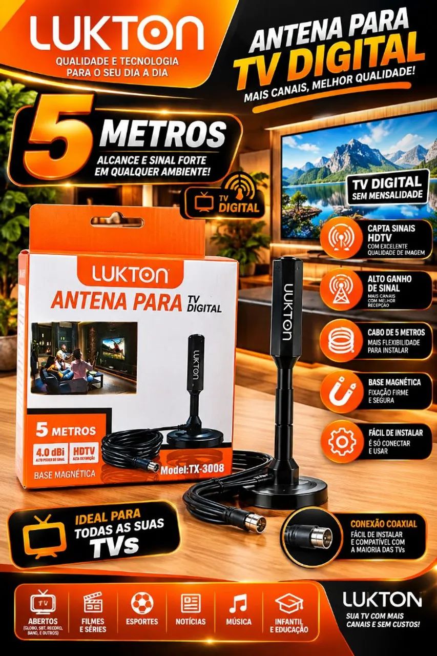 Antena Digital Interna Lukton 5m para TVs Novo