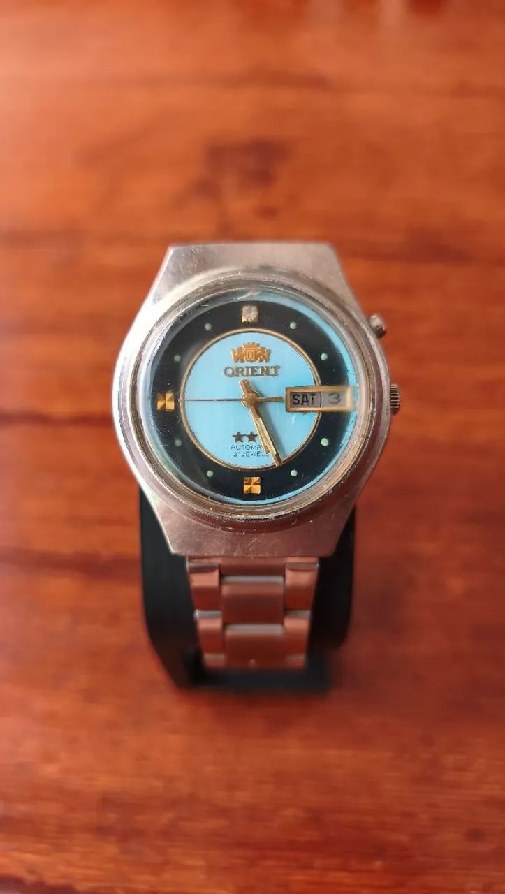 RELÓGIO ORIENT AUTOMÁTICO VINTAGE PRETO COM O CENTRO AZUL CLARO