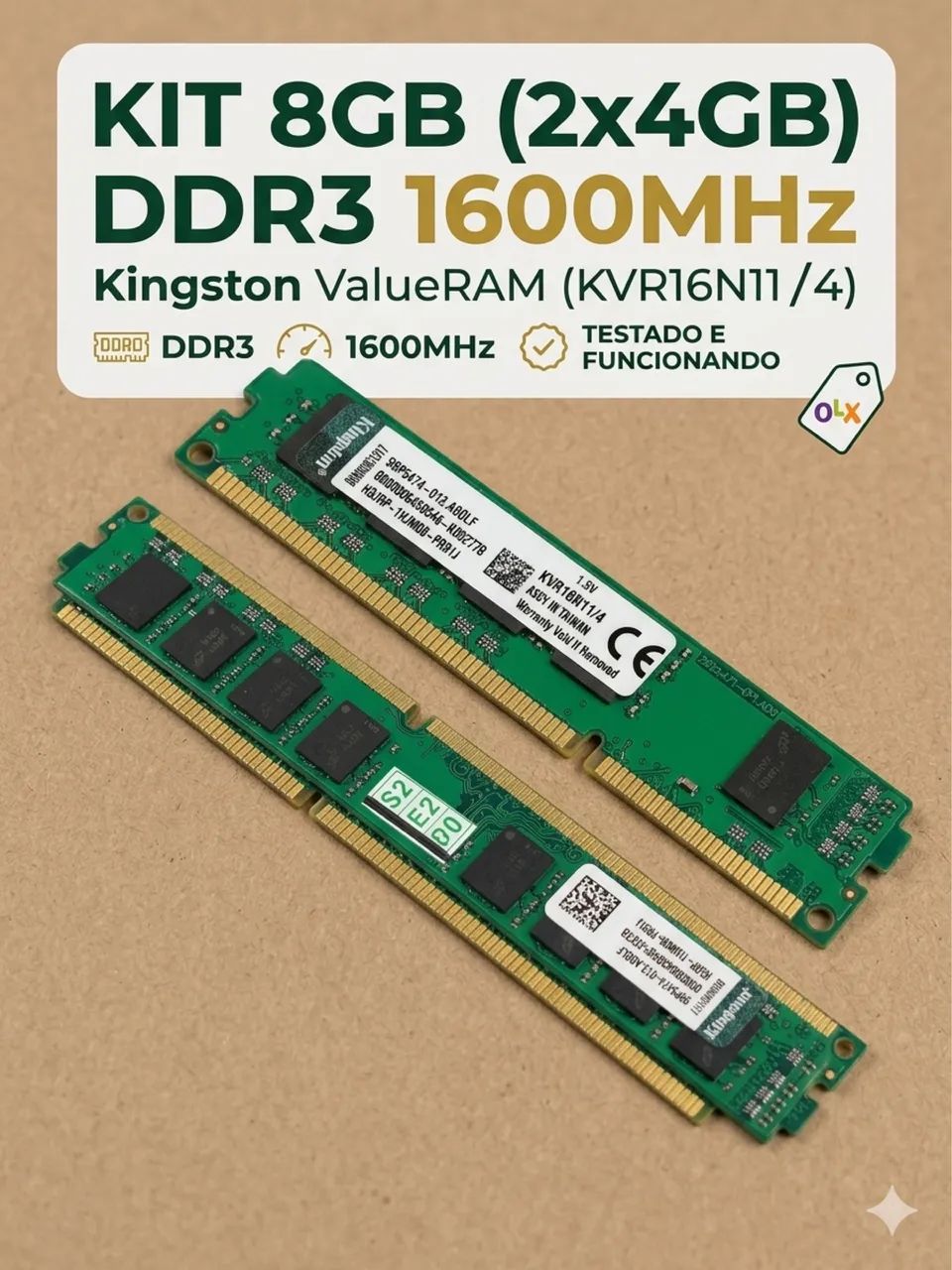 Memória RAM Kingston 2X4GB DDR3 1600MHz (KVR16N11/4)