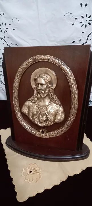 Antigo Sagrado Coração De Jesus De Bronze e Madeira - Foto 4