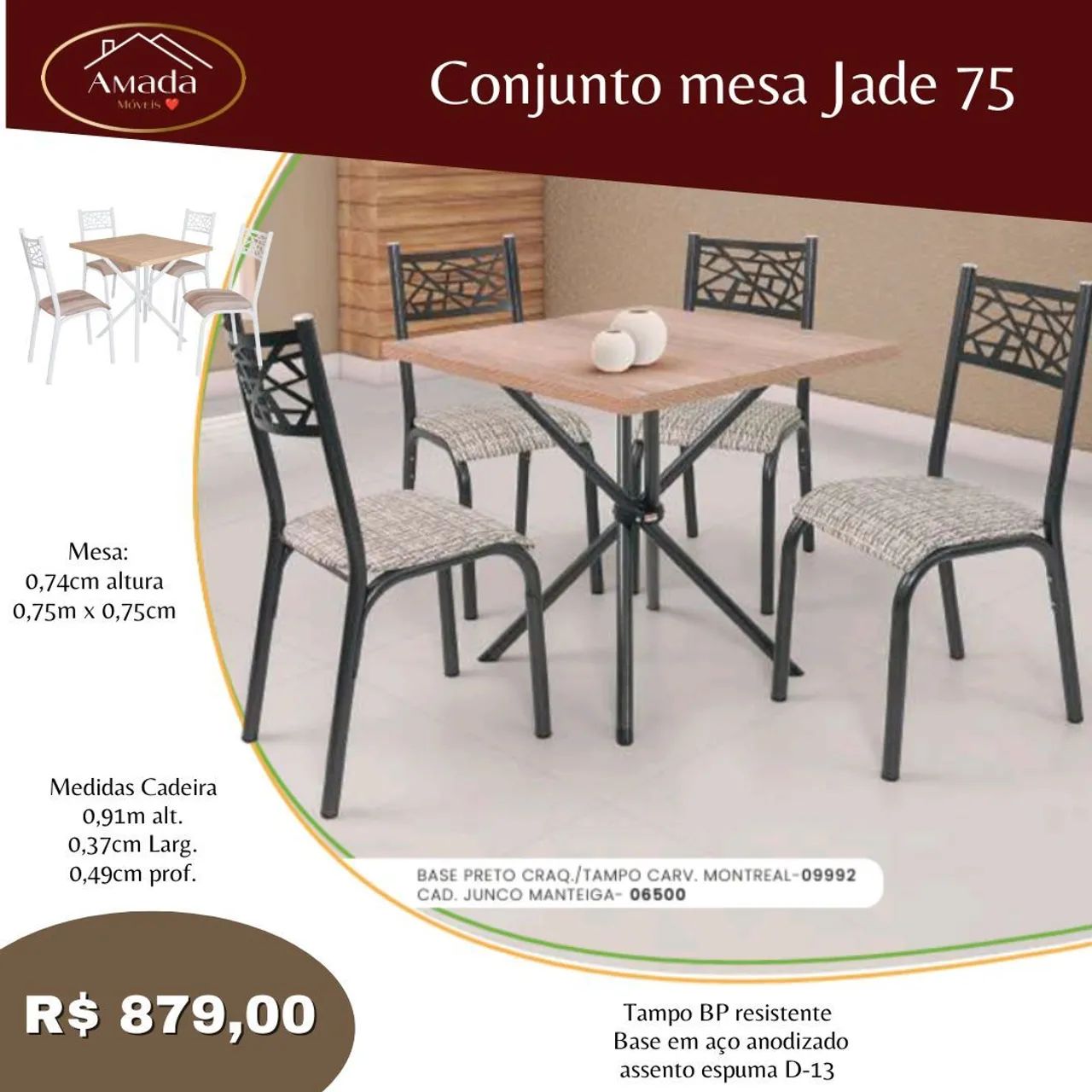 Conjunto Mesa Jade 75 - 4 Cadeiras - 0,75m x 0,75m, entrega em 3 Dias 
