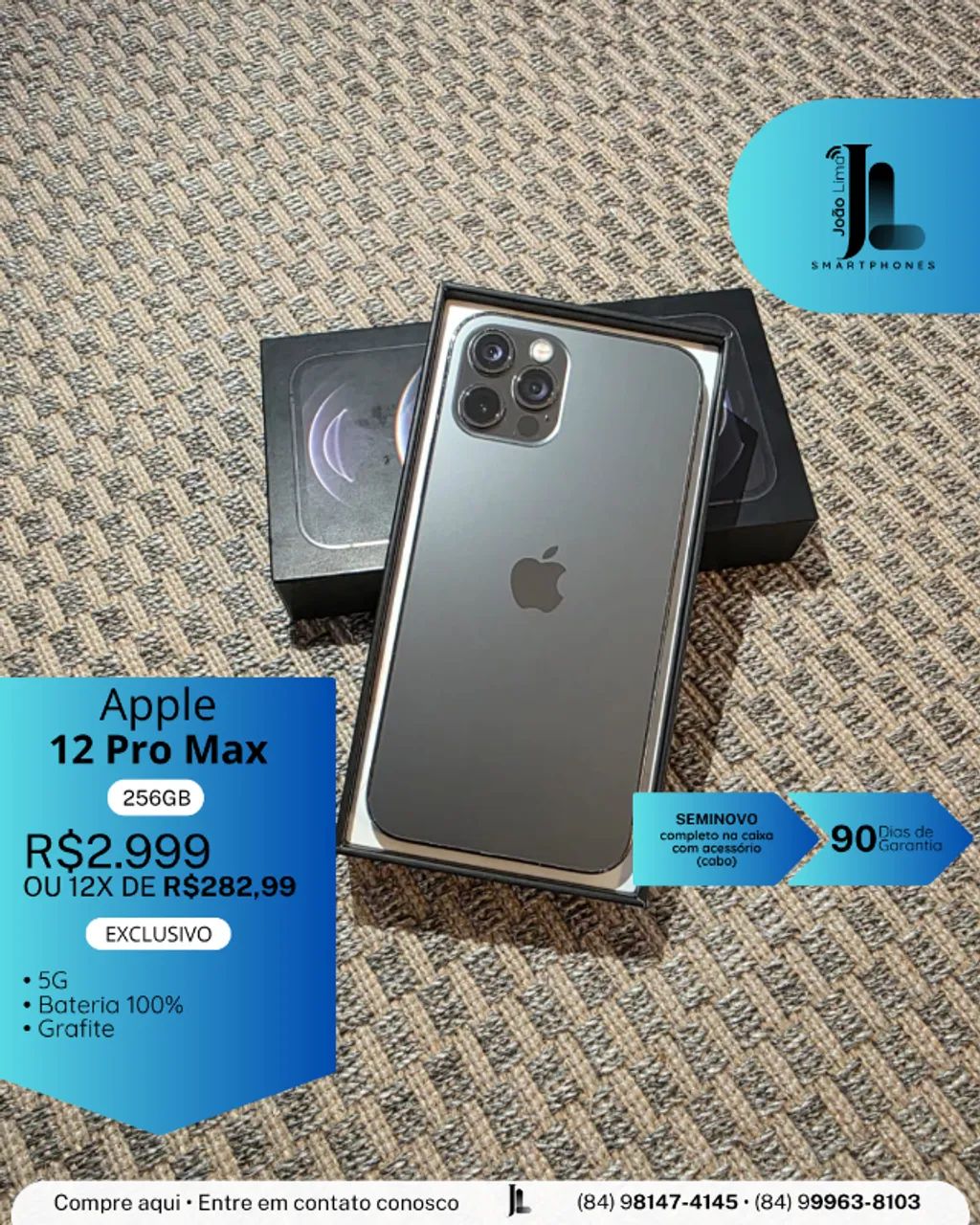 IPHONE 12 PRO MAX, 5G, 256GB, GRAFITE, SEMINOVO, EXCLUSIVO