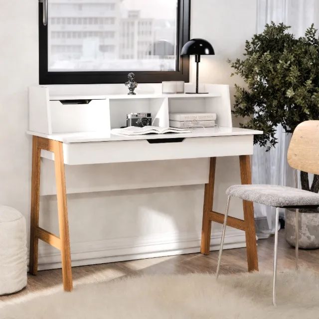 Retro-Style Vanity Desk with Storage Compartment and Drawer, Wooden Legs, Multiple Colors, NEW