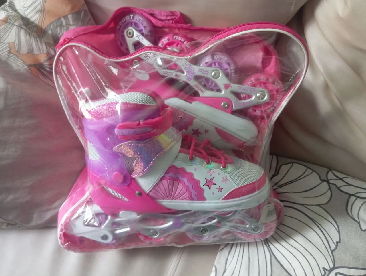 Patins Infantil Roller Inline Rosa Unicornio Ajustável Com Luz De Led Criança Promoção - Foto 3