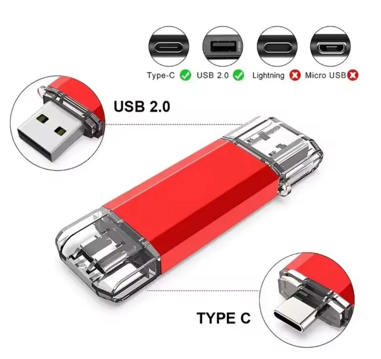 Pendrive KRY Dual Flash Pc/Celular 64GB USB-A 3.2/Type-C Vermelho USB 2 em 1 Promoção - Foto 2
