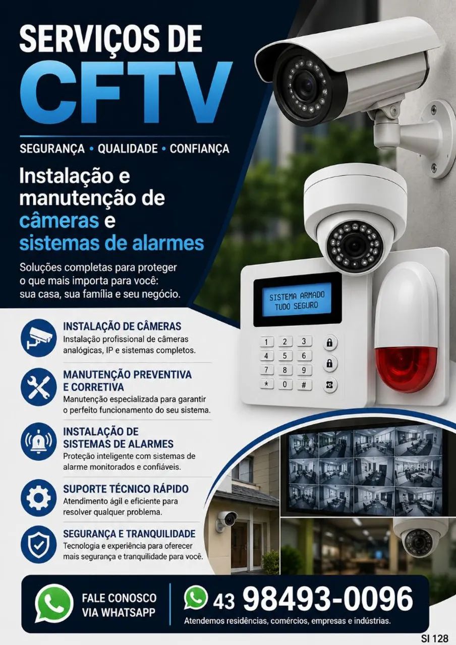 Instalação e manutenção câmeras e alarmes.