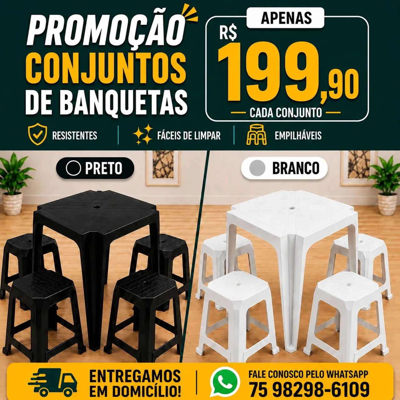 Conjuntos de mesas com banquetas plásticas 