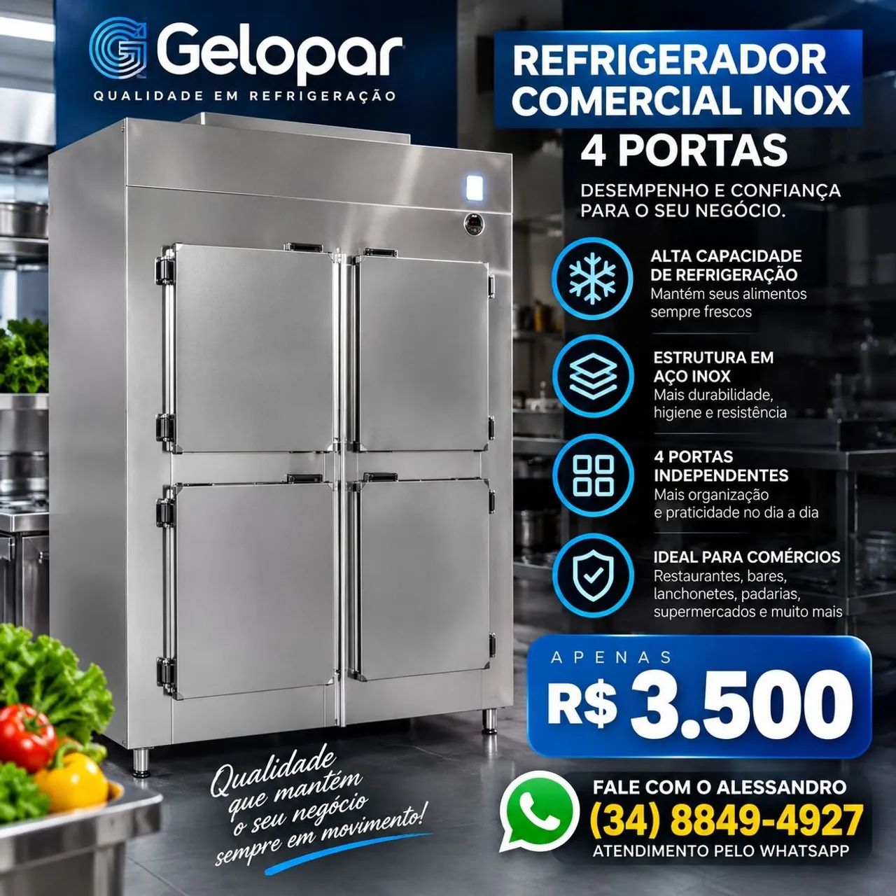Refrigerador comercial inox 4 portas - Gelopar