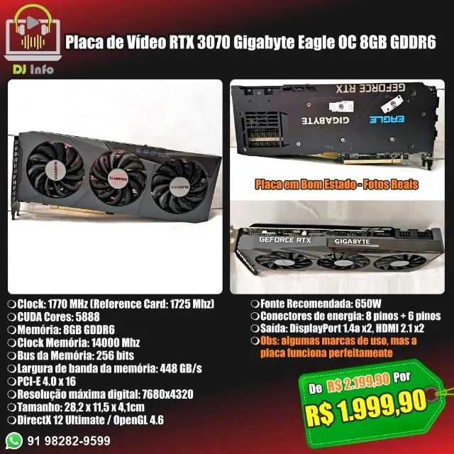 Placa de Vídeo RTX 3070 Gigabyte Eagle OC 8GB GDDR6