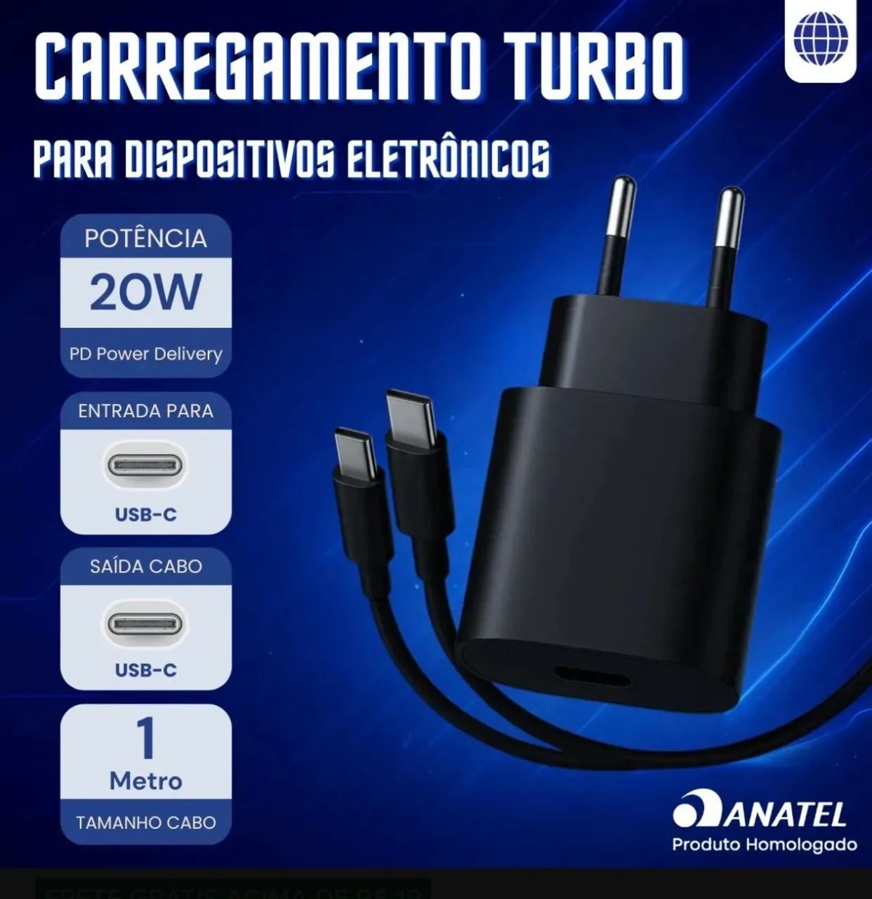 Carregador Turbo 20W USB-C com Cabo Tipo C 1 Metro