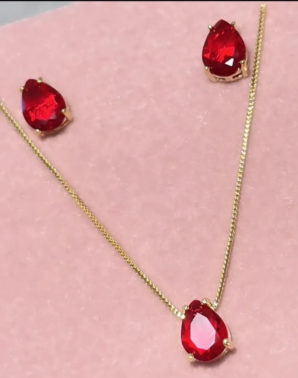 Conjunto semi joias pedra gotas rubi