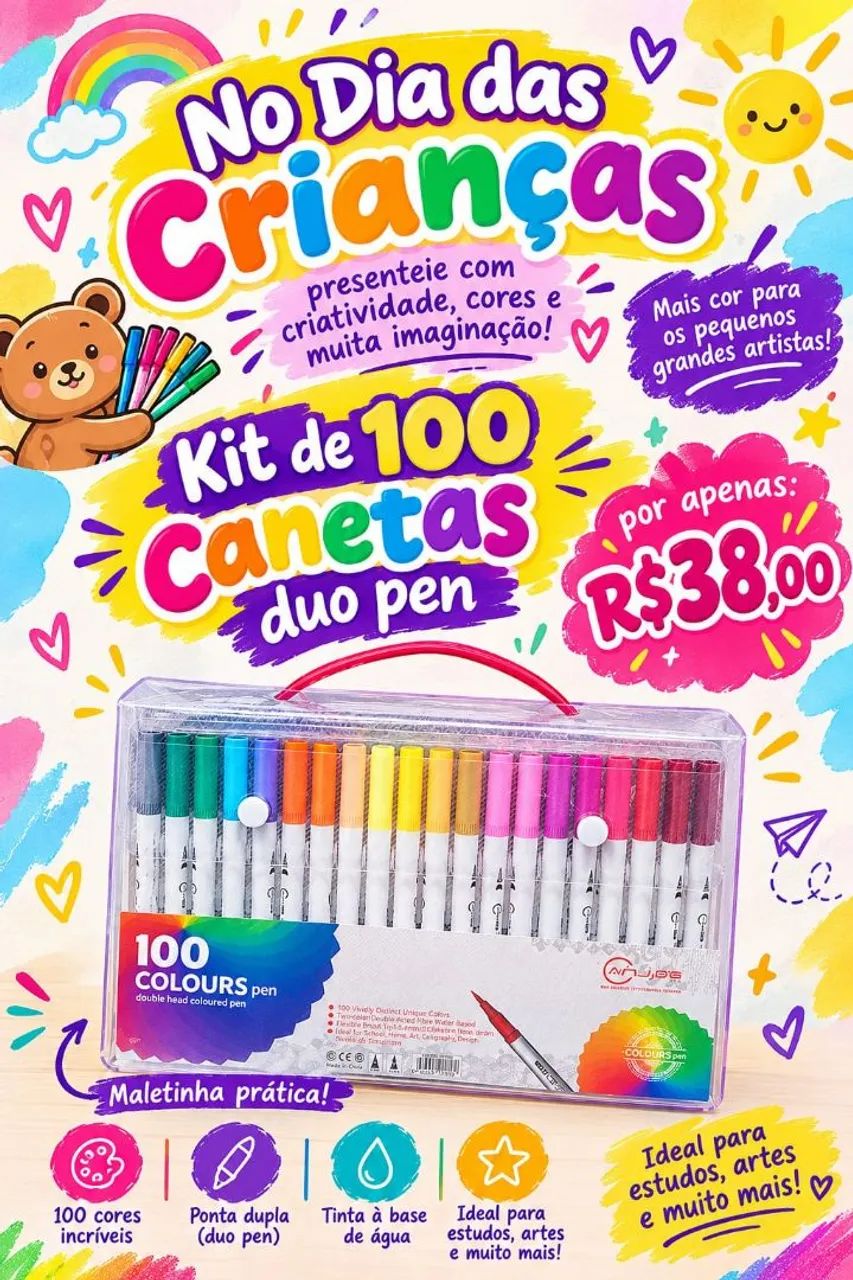 Kit 100 Canetinhas DuoPen 