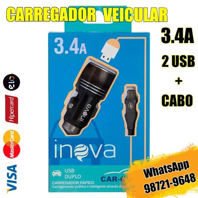 carregador veicular com cabo usb 3.4a aceitamos cartão e pix